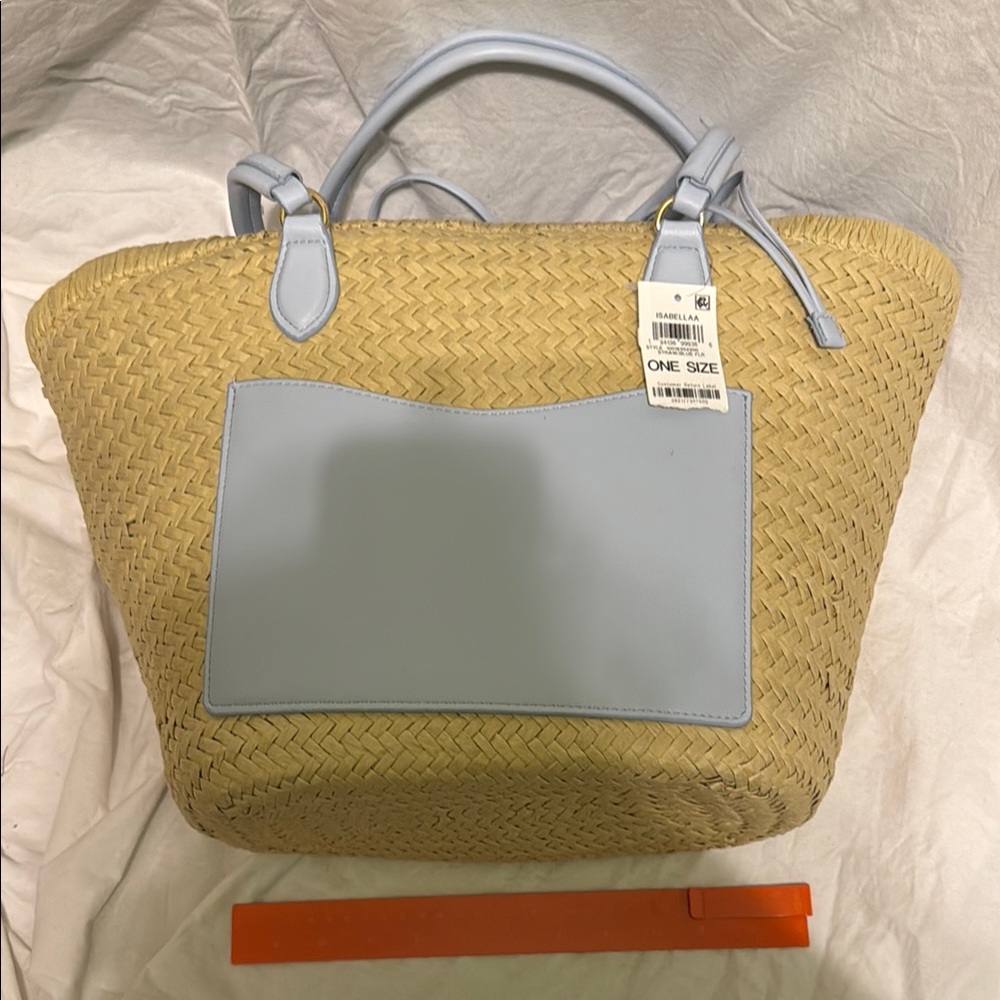 Stylish Blue and Tan Women's Straw Tote